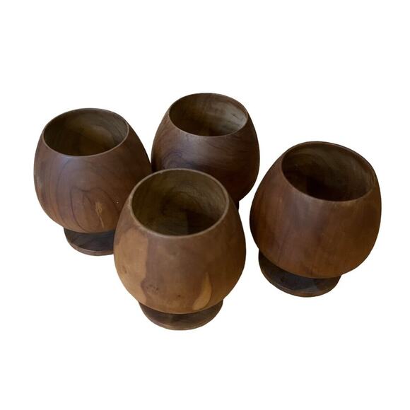 VINTAGE Wood Hand Carved Mini Goblet Chalice Made In Spain X4 MCM Bourbon - Picture 2 of 7